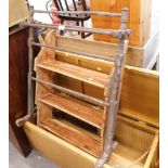 A pine towel rail, Lloyd Loom storage basket, shelving unit, tray top table, side chair, etc. (a qua