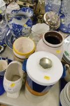 A blue and white meat plate, jug, planter, storage jars, etc. (a quantity)