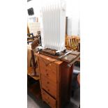 A pine six drawer chest, Art Nouveau style fire screen, two tier side table, heater, and a trouser p