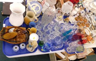 Decorative glassware, coloured glass vases, drinking glasses, miniature blue and white vases, etc. (