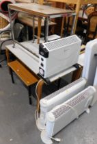 Three electric heaters, a trolley side table, side table, and a low side table. (6)