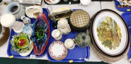 Decorative art glass bowls, retro sign clock, cabinet plates. (2 trays and a quantity)