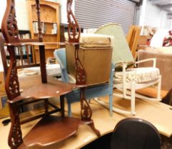 A metal standard lamp, corner whatnot, Lloyd Loom chair, Parker Knoll painted rocking chair, basket