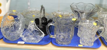 Decorative glassware, comprising posy baskets, cake stand, flared rim bowl, jugs, sunday dishes, etc