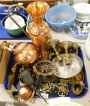 Copper and brasswares, comprising horse brasses, miniature grease gun, candlesticks, etc. (1 tray)