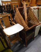 A Lloyd Loom basket, side chair, wicker picnic hamper, mahogany side table, child's high chair.