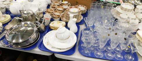 Stainless steel wares, comprising sauce boats, teapots, part tea wares, glassware etc. (5 trays)