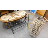 A piecrust coffee table, 2 shoe racks, and candle basket. (4)