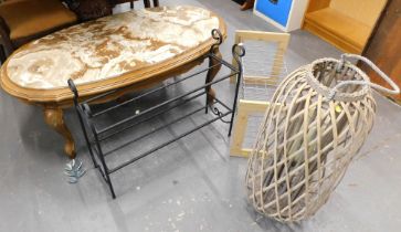 A piecrust coffee table, 2 shoe racks, and candle basket. (4)