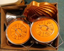 Stainless steel kitchen wares, Egyptian-themed orange casserole dishes, shell dish, etc. (1 box)