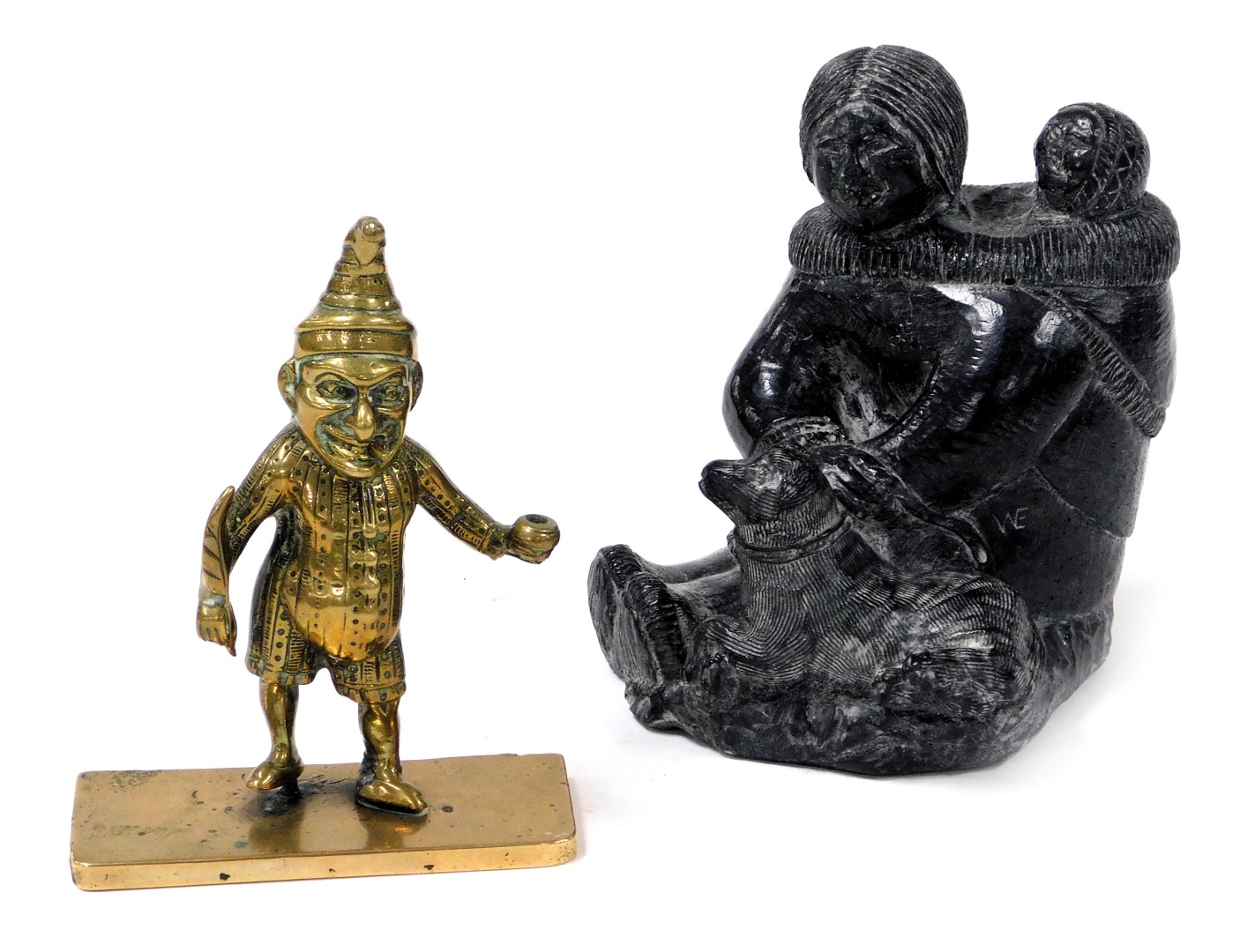 Victorian brass desk stand of Mr Punch, modelled in standing pose, with inkwell and quill, raised on