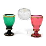 A Thomas Webb cut glass match striker, 9cm wide, together with two Bohemian cordial glasses, one in