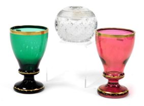 A Thomas Webb cut glass match striker, 9cm wide, together with two Bohemian cordial glasses, one in