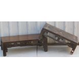 A Chinese hardwood rectangular low table, with a carved frieze, raised on square legs, 27cm high, 86