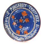 A commemorative wall plate from Yeo pottery, to Margaret Thatcher from the Cleveland Ladies Conserva