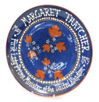 A commemorative wall plate from Yeo pottery, to Margaret Thatcher from the Cleveland Ladies Conserva