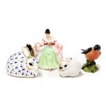 A Royal Crown Derby rabbit, a Soviet Union rabbit, a small Royal Doulton figure of Sarah HN3219, and