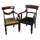 A Regency mahogany carver chair, with button tan leather seat, raised on turned and lappet carved le