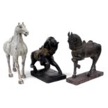After the Antique. Three wooden carvings of horses, in standing and prancing poses, 43cm, 37cm and 3