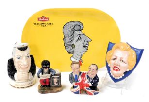 Collectables, including an Edward Heath glug jug, a wall plaque with Margaret Thatcher's face, two B