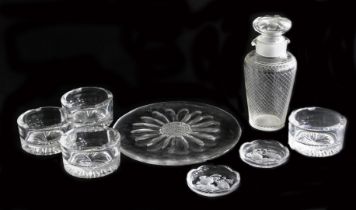 Four Pukeberg cut glass ashtrays, pair of Val St. Lambert cut glass dishes, intaglio decorated with