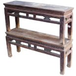 A Chinese elm bench, with a carved frieze, raised on square legs, 48cm high, 113cm wide, 29.5cm high