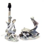 Two Lladro group figures, one of a gentleman seated on bench with dog at feet in the form of a lamp,