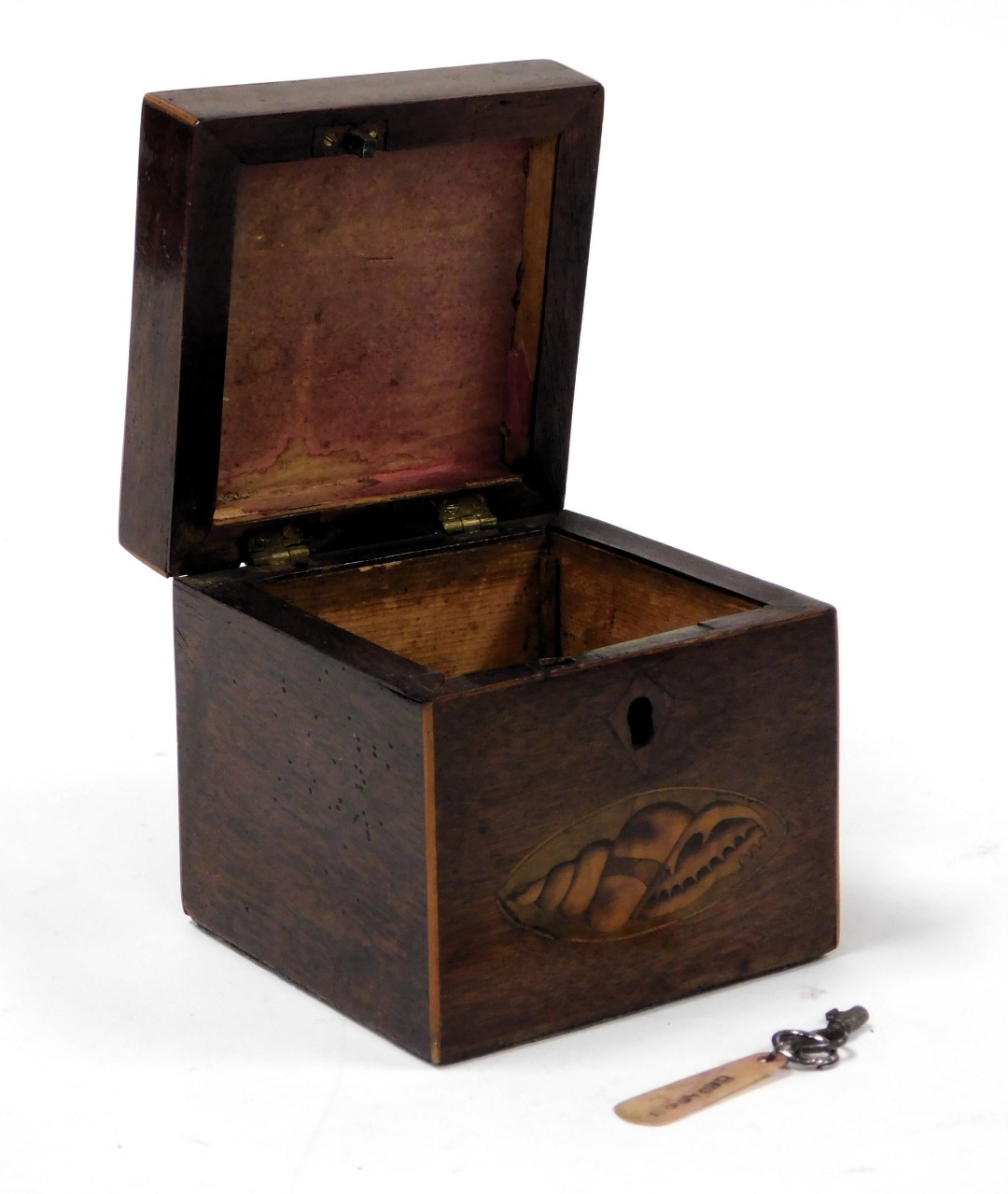 A George III mahogany tea caddy, of square section, decorated to the hinged lid with a floral patera - Image 2 of 2