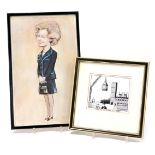 A framed and glazed cartoon of Margaret Thatcher, by Tim Holder, and another cartoon by Franklin.