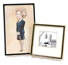 A framed and glazed cartoon of Margaret Thatcher, by Tim Holder, and another cartoon by Franklin.