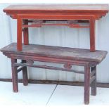Two Chinese red stained benches, with carved friezes, raised on channelled or turned legs, 48cm high