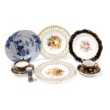 A group of 18th and 19thC pottery and porcelain, including a pair of Copeland ribbon plates, painted