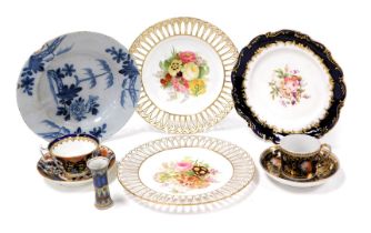 A group of 18th and 19thC pottery and porcelain, including a pair of Copeland ribbon plates, painted