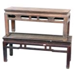 A Chinese elm bench, with a carved frieze, raised on square legs, 49cm high, 110cm wide, 30cm deep,