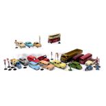 Dinky diecast vehicles, including cars, buses and trucks, traffic lights, road signs, petrol pump, e