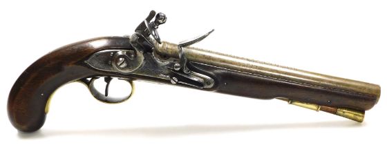 A late 18thC flint lock pistol by H Knock, signed to side plate, with a mahogany stock, steel chambe