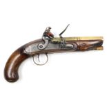 An early 19thC flint lock pistol by Barnett, with walnut stock, 5.5 inch barrel later stamped Custom