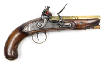 An early 19thC flint lock pistol by Barnett, with walnut stock, 5.5 inch barrel later stamped Custom