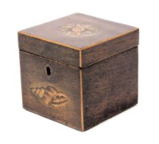 A George III mahogany tea caddy, of square section, decorated to the hinged lid with a floral patera