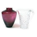 A Royal Brierley Studio red iridescent glass vase, etched mark, 19.5cm high, together with a Waterfo