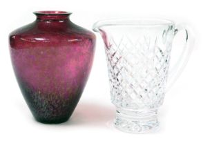 A Royal Brierley Studio red iridescent glass vase, etched mark, 19.5cm high, together with a Waterfo