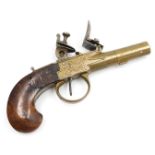 A Continental flint lock box lock brass pistol, c1800, the box engraved with symbols of war, with a