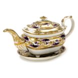 An early 19thC Derby porcelain teapot and stand, London shape, decorated in Manganese and gilt