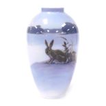 A Royal Copenhagen porcelain vase, of shouldered ovoid form, decorated with a hare in a Winter lands