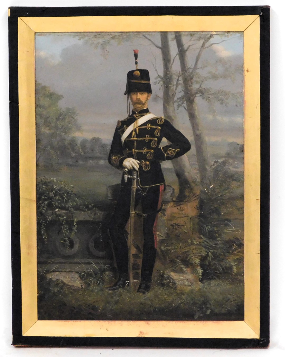 English School (19thC). Full length portrait of a Hussar, standing in a formal landscape holding his - Image 2 of 3