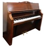 A Bentley mahogany bungalow grand upright piano, with faux ivory keys and Resonoura soundboard, numb