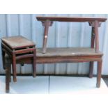 A Chinese hardwood bench, with a carved frieze, raised on square tapering legs, 54.5cm high, 139cm w