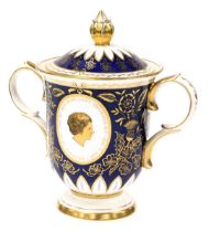 A Royal Crown Derby Fine English bone china twin handled urn with lid, decorated in blue, white and