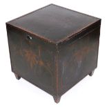 A Regency style black and painted wooden chest, decorated with a floral motif to the lid, stylised a