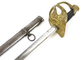 A French 1896 pattern Calvary officer's sword, with an embossed brass guard, wire bound, composite g